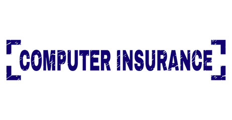 COMPUTER INSURANCE title seal print with grunge style. Text caption is placed between corners. Blue vector rubber print of COMPUTER INSURANCE with grunge texture.