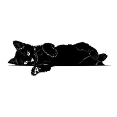 Vector illustration. Black silhouette of a lying cat