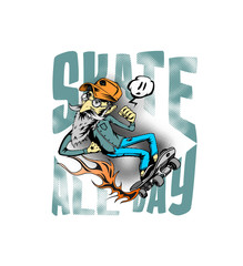 T-shirt design Cool hipster skater with skateboard, Hand Drawn Sketch Vector illustration.