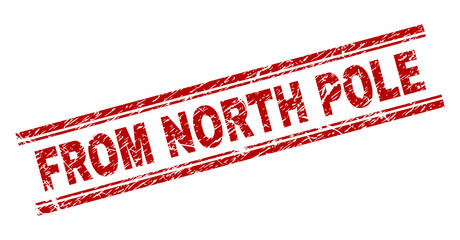 FROM NORTH POLE seal stamp with corroded texture. Red vector rubber print of FROM NORTH POLE caption with unclean texture. Text caption is placed between double parallel lines.