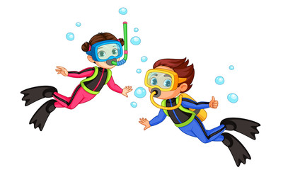 Vector illustration of scuba diver girl and boy