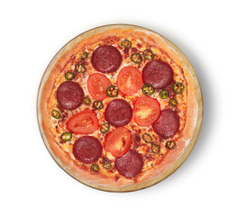 Isolated image of a Devil Pizza with tomatoes and jalapeno on a white background
