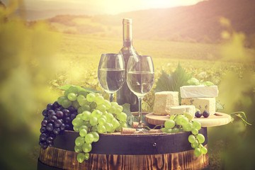 Fototapeta na wymiar White wine with barrel on vineyard in green Tuscany, Italy