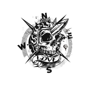 Skull Compass T shirt Graphic Design, Vector illustration.