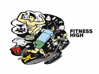 Men running in machine treadmill at fitness gym club, vector illustration.