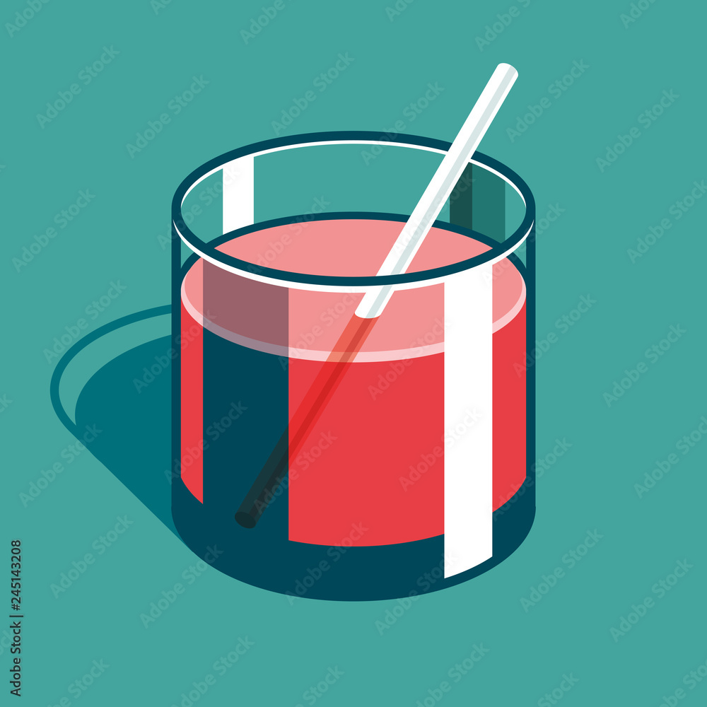 Poster transparent glass of orange juice with 3d flat style. cup on color background. simple volume vector 