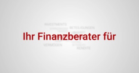 Animation welche den Service einer Finanzberatung zeigt (z.B. Vermögensaufbau, Altersvorsorge, Sparplan, Bausparvertrag). Grauer Hintergrund, rote Schrift.
