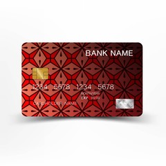 Illustration credit card design. Red on gray background. Glossy plastic style EPS10. 