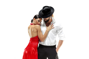 Portrait of young elegance tango dancers isolated over white background - obrazy, fototapety, plakaty