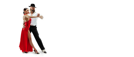 Portrait of young elegance tango dancers isolated over white background