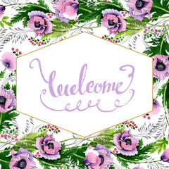 Pink purple poppy floral botanical flower. Watercolor background illustration set. Frame border...