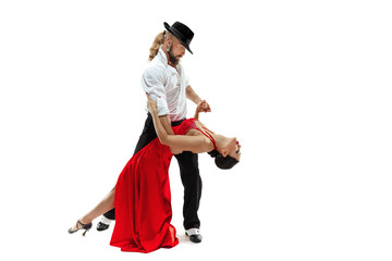 Portrait of young elegance tango dancers isolated over white background
