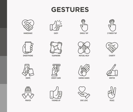 Hands gestures thin line icons set: handshake, easy sign, single tap, 2 finger tap, holding smartphone, teamwork, mutual help, swipe, insert credit card, prayer. Modern vector illustration.