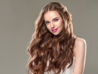 Beautiful hair woman long brunette hairstyle female healthy skin beauty makeup cosmetic concept