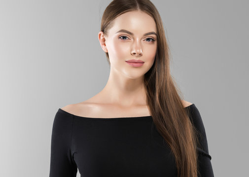 Beautiful hair woman long brunette hairstyle female healthy skin beauty makeup cosmetic concept