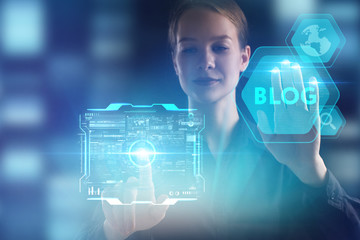 The concept of business, technology, the Internet and the network. A young entrepreneur working on a virtual screen of the future and sees the inscription: Blog