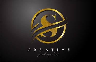 S Golden Letter Logo Design with Circle Swoosh and Gold Metal Texture - obrazy, fototapety, plakaty