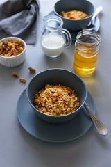 Granola bowl (oatmeal porridge) with blueberry, honey and milk on gray table. Flat lay. Selective focus. Healthy vegetarian food