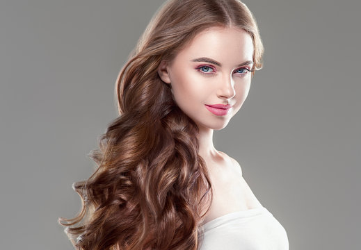 Beautiful Hair Woman Long Brunette Hairstyle Female Healthy Skin Beauty Makeup Cosmetic Concept