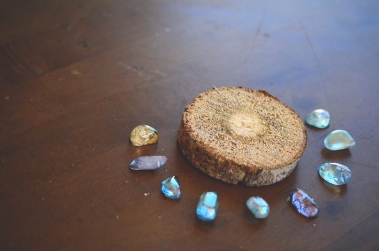 Beautiful, sparkling healing crystals. Witchy crystal grid, wiccan alter set up. Healing energy, shot in natural lighting with low exposure. Crystal Grid, sacred space. Bohemian decorations, romantic 