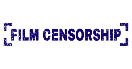 FILM CENSORSHIP text seal print with distress texture. Text title is placed between corners. Blue vector rubber print of FILM CENSORSHIP with dust texture.