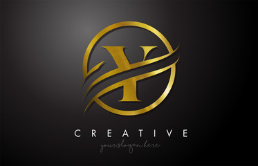 Y Golden Letter Logo Design with Circle Swoosh and Gold Metal Texture