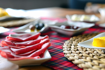 Traditional Turkish breakfast on wooden table