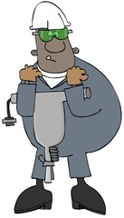 Obraz premium Ethnic construction worker carrying a heavy jackhammer