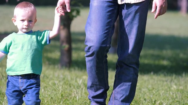 Detail of father hand holding child hand and walking together in green park
