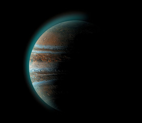 Jupiter planet in space, close up shot. Universe, solar system's giant, beautiful planet with shadow.