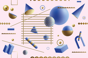 Playful seamless pattern with blue and gold 3D geometric shapes floating on a pink background