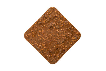 Milk chocolate bar with nuts and rice krispies isolated on white background