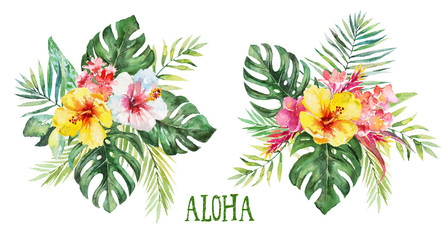 Watercolor tropical floral illustration -green leaves & flowers, bouquets for wedding stationary, greetings, wallpapers, fashion, backgrounds, textures, DIY, wrappers, postcards, logo, etc