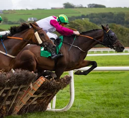 Papier Peint photo Léquitation Race horse and jockey action jumping over a hurdle on the racetrack  