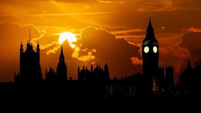 London: Iconic Clock Tower " Big Ben" at Sunset  in Time Lapse with Sun and Red Clouds , England, UK