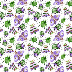 watercolor seamless pattern with insects. watercolor illustration - background with moths, beetles, bugs in violet and green colors. For printing, decoration and design