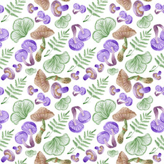 watercolor mushrooms and ferns pattern seamless background. watercolor mystical forest illustration with ferns and mushrooms. For printing on paper, scrapbooking, decoration