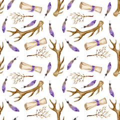 watercolor pattern background with antlers, bundle, feather and branch. Mystical watercolor illustration - seamless pattern for printing, scrapbooking and decoration