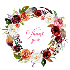 Watercolor floral boho round frame / wreath with flowers & feather - colorful flower illustration for wedding, anniversary, birthday, invitations, romance.