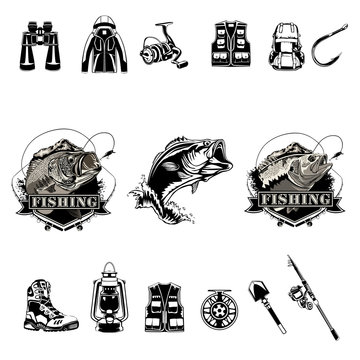 Fishing set. Camping theme. Bass fish. Recreation symbols collection. Equipment for rest. Fishing tools vector illustration.