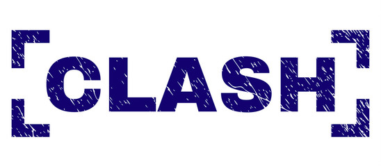 CLASH text seal watermark with grunge texture. Text label is placed inside corners. Blue vector rubber print of CLASH with grunge texture.