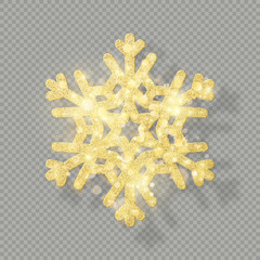 Rich Christmas texture decoration with glitter golden bokeh. Shine snowflake isolated on transparent background. EPS 10
