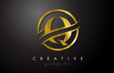 Q Golden Letter Logo Design with Circle Swoosh and Gold Metal Texture