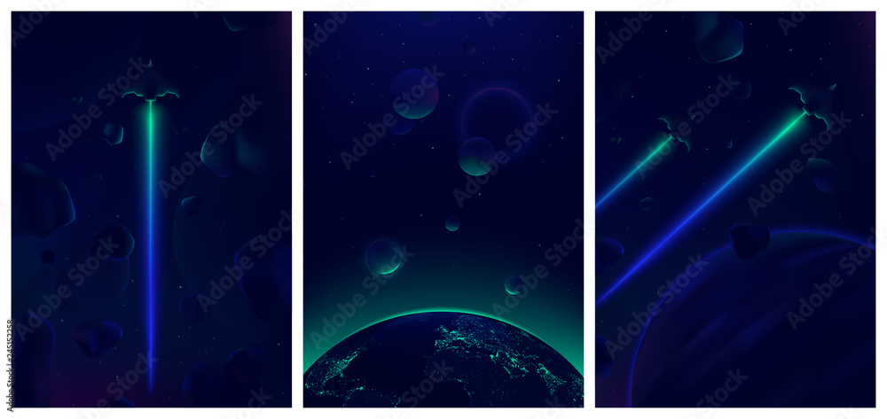 Wall mural spaceship flying in deep space with meteorites in the background, fantastic view of the earth from s