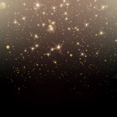 Particles glitter of gold glowing magic shine and star dust dark background. EPS 10