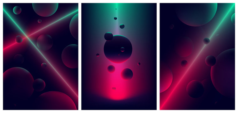 Neon laser line glow illuminates a spheres,  Abstract background space and planet , Futuristic vector gradient poster in retro style