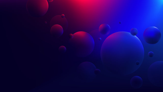 Bright red-blue glow reflecting on flying spheres, Colorful gradient round shapes, Retro futuristic neon cyberpunk background