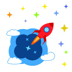 Rocket starts from the planet into space with the stars. Cartoon illustration in flat style, flat vector icon.