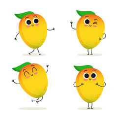 Mango. Cute cartoon exotic fruit vector character set isolated on white
