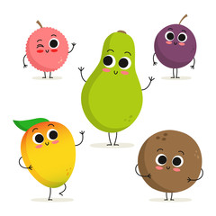 Set of 5 cute cartoon exotic fruit characters isolated on white